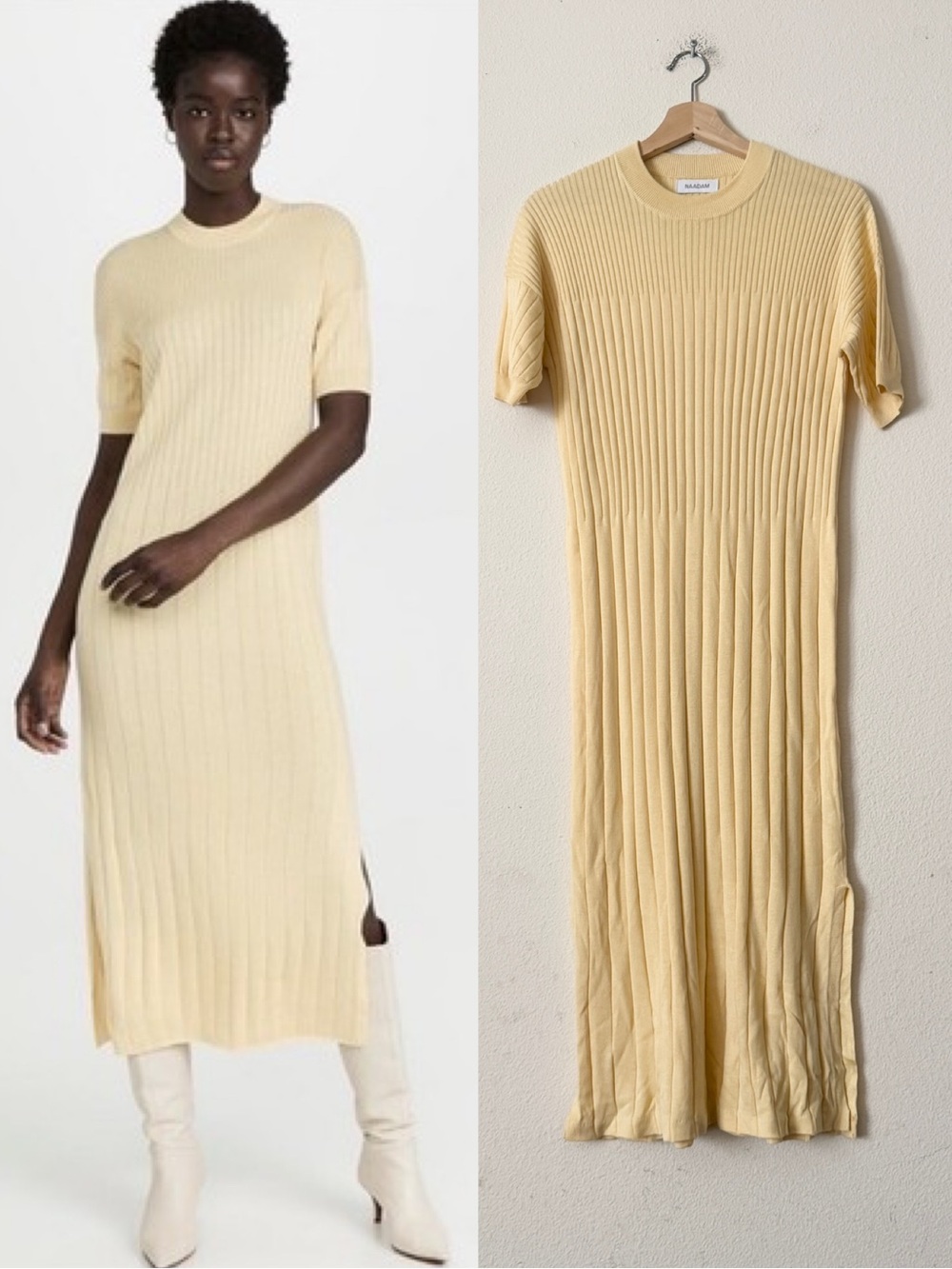 Naadam SMALL cashmere silk blend yellow ribbed slit hem knit midi dress